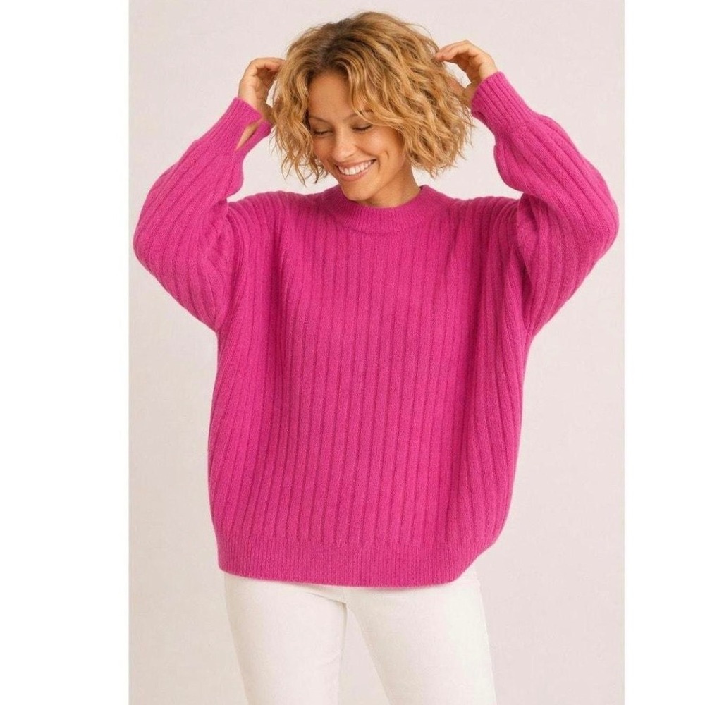 Aerie Ribbed Oversized Sweater Womens XL Pink Crewneck Fuzzy Knit Pullover